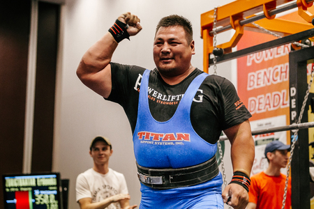 Chelyabinsk, Russia - July 15, 2017: record attempt in squat powerlifter athlete from Mongolia during Ð¡hampionship of Asia on powerliftingのeditorial素材