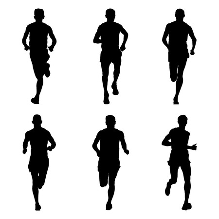 set of running marathon sports athletes black silhouetteのイラスト素材