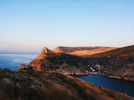 view of sea bay in mountains photos from smartphoneの写真素材