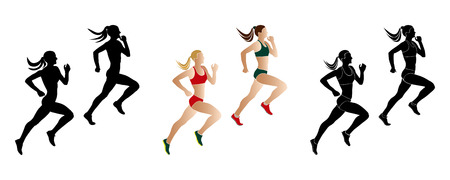 set women runners sprinters run: black and colored silhouetteのイラスト素材