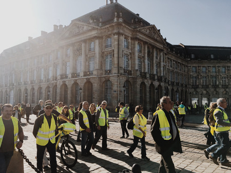 Bordeaux, France - November 17, 2018: demonstration yellow vests against increase taxes on gasoline and diesel introduced government of Franceのeditorial素材