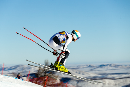 Magnitogorsk, Russia - December 18, 2018: men athlete racer in downhill skiing during National championship alpine skiingのeditorial素材