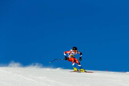 Magnitogorsk, Russia - December 18, 2018: men athlete racer in downhill skiing during National championship alpine skiingのeditorial素材