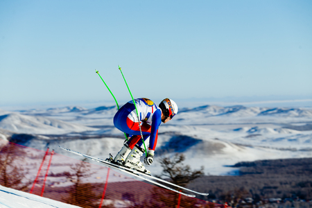 Magnitogorsk, Russia - December 18, 2018: men athlete racer in downhill skiing during National championship alpine skiingのeditorial素材