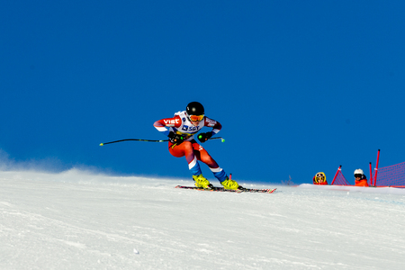 Magnitogorsk, Russia - December 18, 2018: men athlete racer in downhill skiing during National championship alpine skiingのeditorial素材