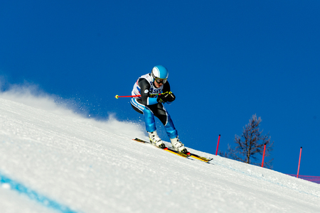 Magnitogorsk, Russia - December 18, 2018: men athlete racer in downhill skiing during National championship alpine skiingのeditorial素材