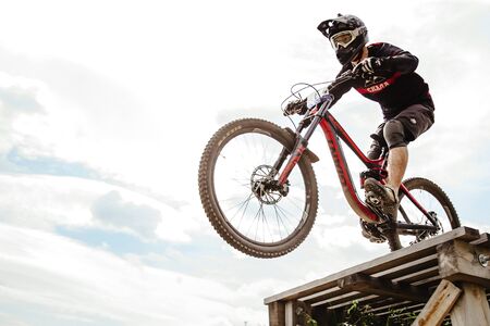 Magnitogorsk, Russia - June 23, 2019: men rider downhill mountain biking during National championship downhillのeditorial素材