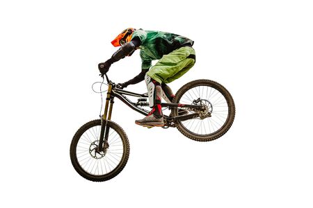 downhill racing dh rider isolated on white backgroundの写真素材