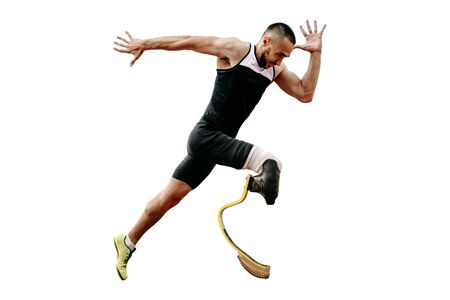 athlete runner disabled amputee explosive start running. isolated on white backgroundの写真素材
