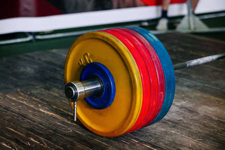 300 kg barbell for deadlift exercise on platformの写真素材