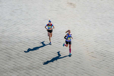 Kazan, Russia - May 17, 2022: two female runners leaders of race during Kazan Marathonのeditorial素材