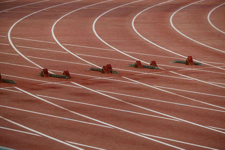 starting blocks on start line of 100 meters raceの写真素材