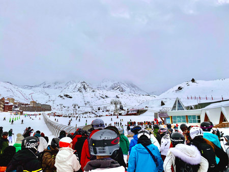 Val Thorens, France - January 15, 2023: people on vacation ski town in Tarentaise Valley in French Alpsのeditorial素材
