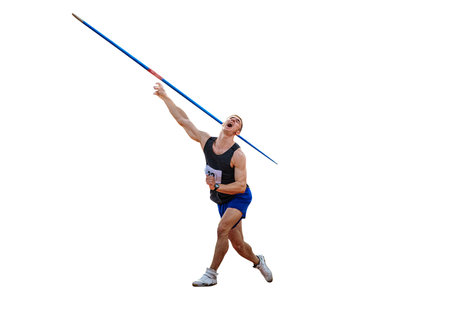 male athlete javelin throwing in athletics competition on white background, sports photoの写真素材