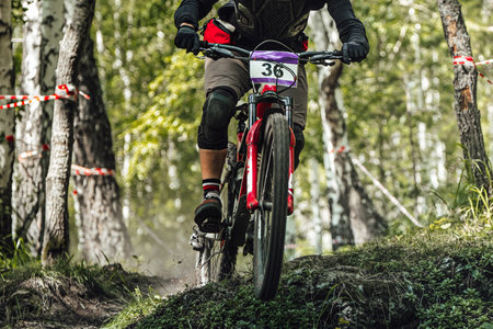 athlete rider on downhill bike riding forest trail, racing DH mountain bike, extreme summer sport gamesの写真素材