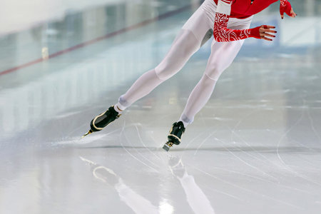slim female skaters run race in speed skating competition, winter sports gamesの写真素材