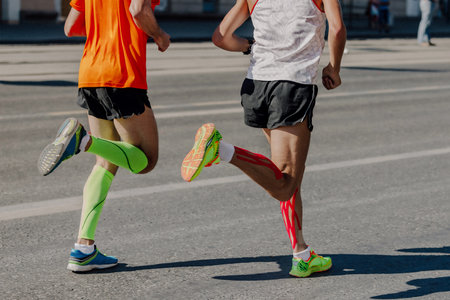 back two athletes runners running marathon in city, legs man jogger in compression sleeves and kinesiotaping calf muscleの写真素材