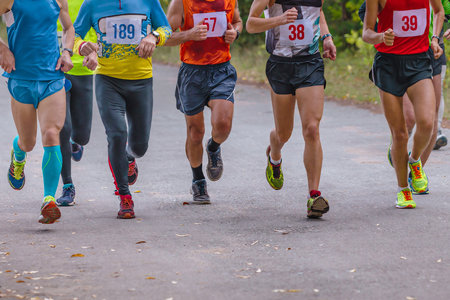 small group athletes runners running race on road in park, autumn marathon, fallen yellow leaves on groundの写真素材