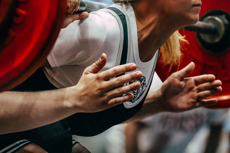 female powerlifter during squat powerlifting, coach hands are on safety netの写真素材