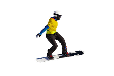 woman athlete snowboarders in team France jumping drops in snowboarding isolated on white backgroundの写真素材