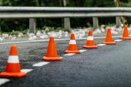 six orange traffic cones standing in row on mountain roadの写真素材
