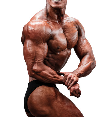 bodybuilder show side chest pose for bodybuilding isolated on white backgroundの写真素材