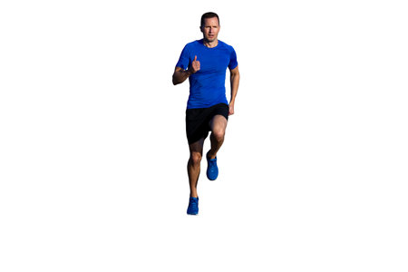 front view male runner running isolated on white background