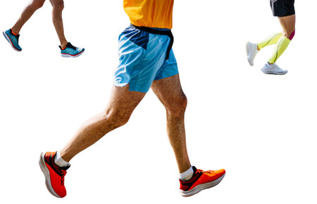 legs three runners running marathon race cut-out figure on white backgroundの写真素材