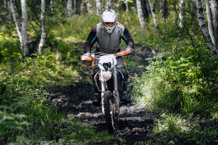 Enduro rider on bike speeding through forest trail during an off-road raceの写真素材
