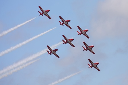 St. Thomas, Canada - June 25, 2011. The Canadian Forces 431 Air Demonstration Squadron "Snowbirds" perform at the Great Lakes International Air Show. のeditorial素材