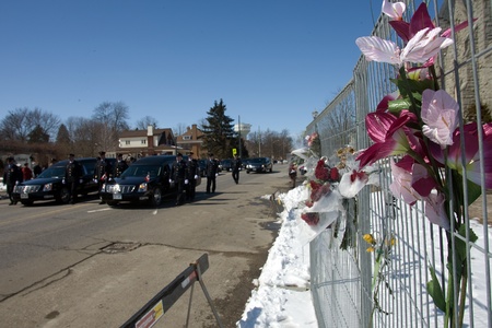 March 24, 2011. Listowel, Ontario. Thousands of firefighters from Ontario, Quebec and the United States converged on Listowel to honour volunteer firefighters Ken Rae 56 and Raymond Walter 30. The two died while battling a fire on March 17, 2011. のeditorial素材