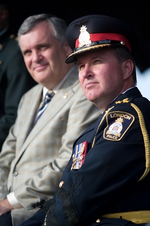 London Ontario Police Chief Murray Faulkner is joined by Ontario Lieutenant Governor David C. Only inside TD Waterhouse Stadium at the University of Western Ontario during the Opening Ceremonies for the 2010 Special Olympics Canada Summer Games in London,のeditorial素材