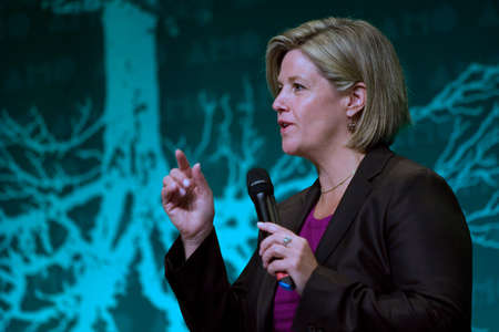 London, Ontario. August 23, 2011. Andrea Horwath, Leader of the Ontario New Democratic Party, addresses delegates at the annual Association of Municipalities of Ontario conference in London, Ontario. During her presentation, Horwath vowed to look for waysのeditorial素材