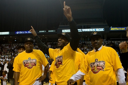 London Ontario, Canada - March 25, 2012. Gabe Freeman is flanked by Shawn Daniels, left and Coach Michael Ray Richardson. The London Lightning defeated the Halifax Rainmen 116-92 in the fifth and deciding game to win the National Basketball League of Canaのeditorial素材