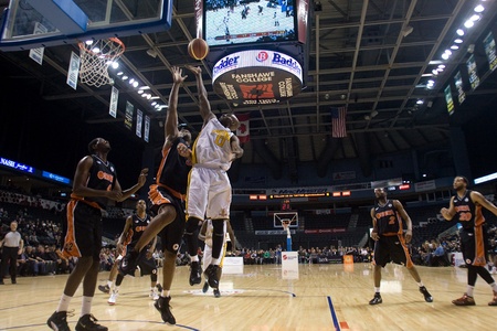 London Ontario, Canada - February 5, 2012. DeAnthony Bowden (0) of the London Lightning goes up for basket during a National Basketball League of Canada game between the London Lightning and the Oshawa Power. London won the game 129 to 117 in overtime at のeditorial素材