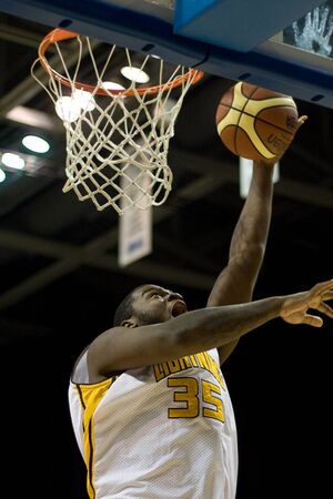 London Ontario, Canada - January 6, 2012. Shamari Spears (35) of the London Lightning goes up for a...