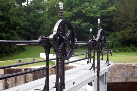 August 9, 2010. A detail picture of a lock on the Trent-Severn waterway in Eastern Ontario. The Trent-Severn waterway is operated by Parks Canada and may experience reduced operating hours in 2012 as a result of the job cuts to the public sector initiatedのeditorial素材