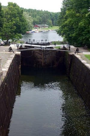 August 9, 2010. A lock on the Trent-Severn waterway in Eastern Ontario. The Trent-Severn waterway is operated by Parks Canada and may experience reduced operating hours in 2012 as a result of the job cuts to the public sector initiated by the Harper Goverのeditorial素材