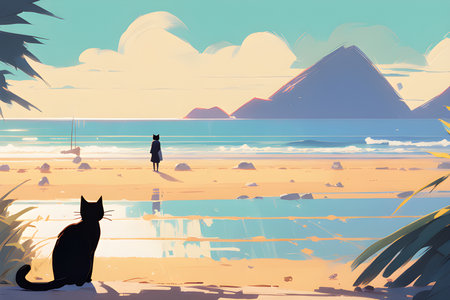 Cat on the beach and the woman in the background. Vector illustration.の素材