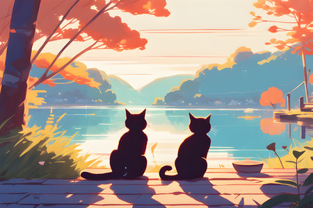 Two cats sitting on the terrace near the lake. Vector illustrationの素材