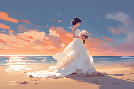 Beautiful bride on the beach at sunset. Wedding day. Colorful background.の素材