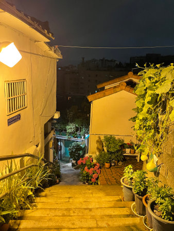 Night view of the streets of the old city of Jerusalem in Israelの写真素材