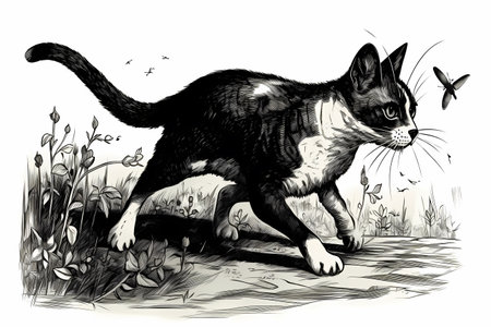 The playful cat is frisky and intent on catching the fuzzy toy mouse.の素材