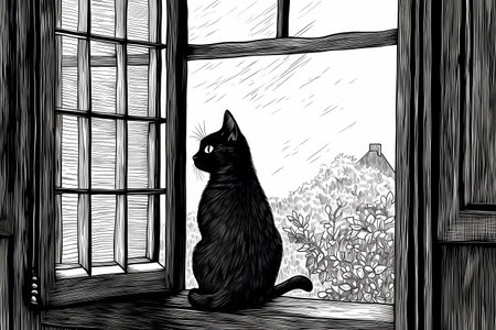 The curious cat is entranced by the world outside, watching birds and leaves blowing in the wind.の素材