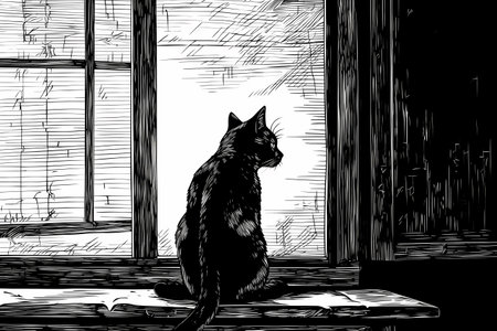 The cat sits silently, fixated on something outside the window. Occasionally a bird will catch its attention and its tail will start to twitch.の素材