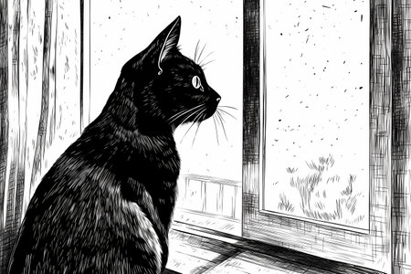 The curious cat is entranced by the world outside, watching birds and leaves blowing in the wind.の素材