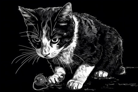 A black and white cat is energetically pouncing and chasing a small toy mouse, flipping it up in the air and proudly showing it off.の素材