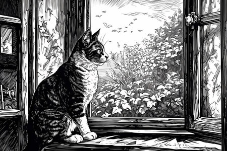 A curious calico cat is perched on a windowsill, intently watching a bird flit around outside with wide eyes and twitching whiskers.の素材