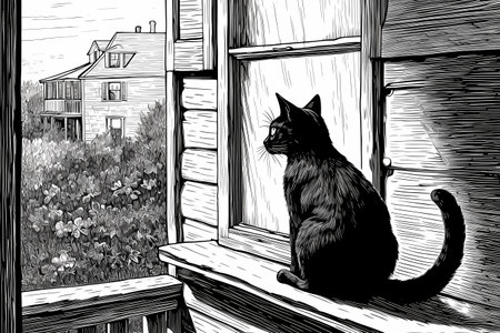 The cat is surveying the surrounding area, keeping a watchful eye on the birds outside.の素材