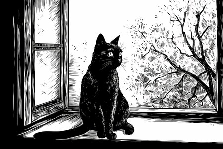 A sleek black cat is serenely sitting on a windowsill, gazing out into the world beyond.の素材